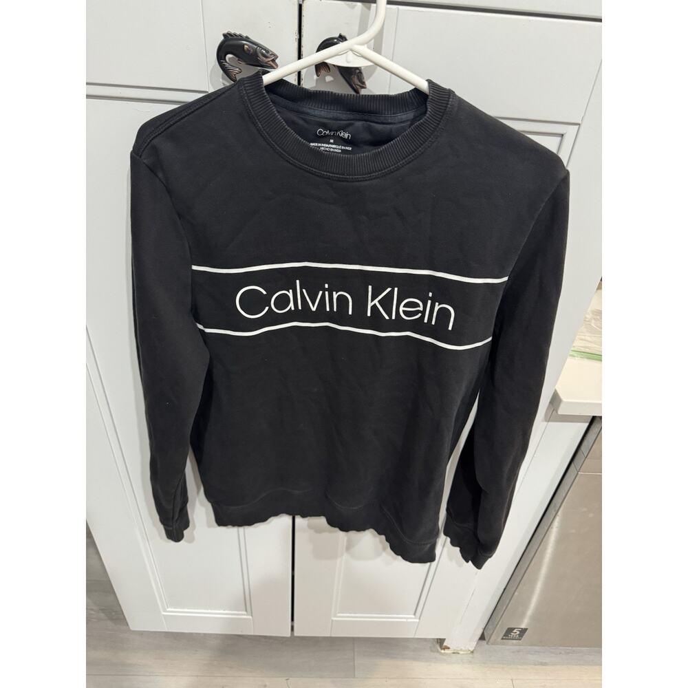 Calvin Klein Spellout Logo Sweatshirt Black Crewneck Long Sleeve Sweater Men's M